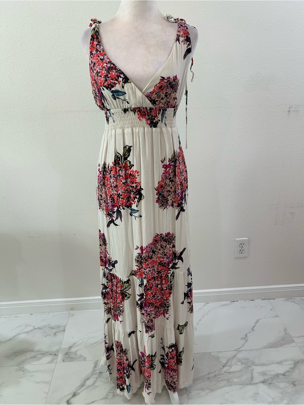 Lovestitch Cream Floral Maxi Dress  With Shoulder Ties, Size M